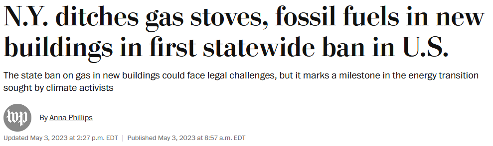 WaPo on NY Gas Stove Ban